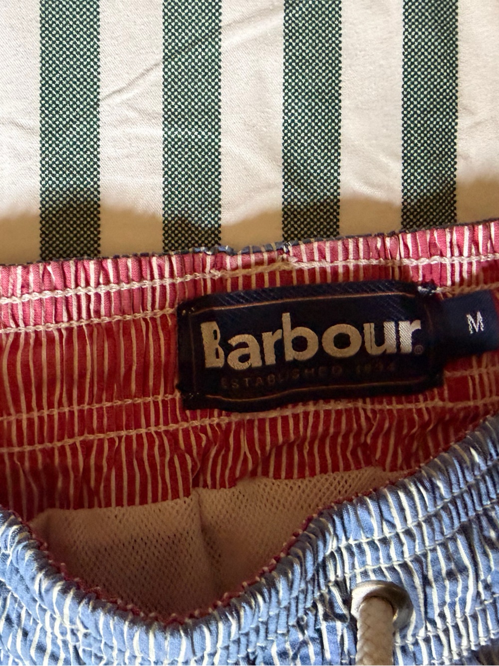 Barbour Blue Pinstripe Swim Trunks with Red Waistband Accent